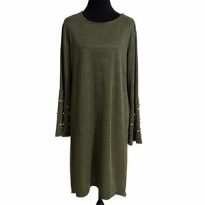 Olive Green Long Sleeve Pearl-Accent Dress Size S-M